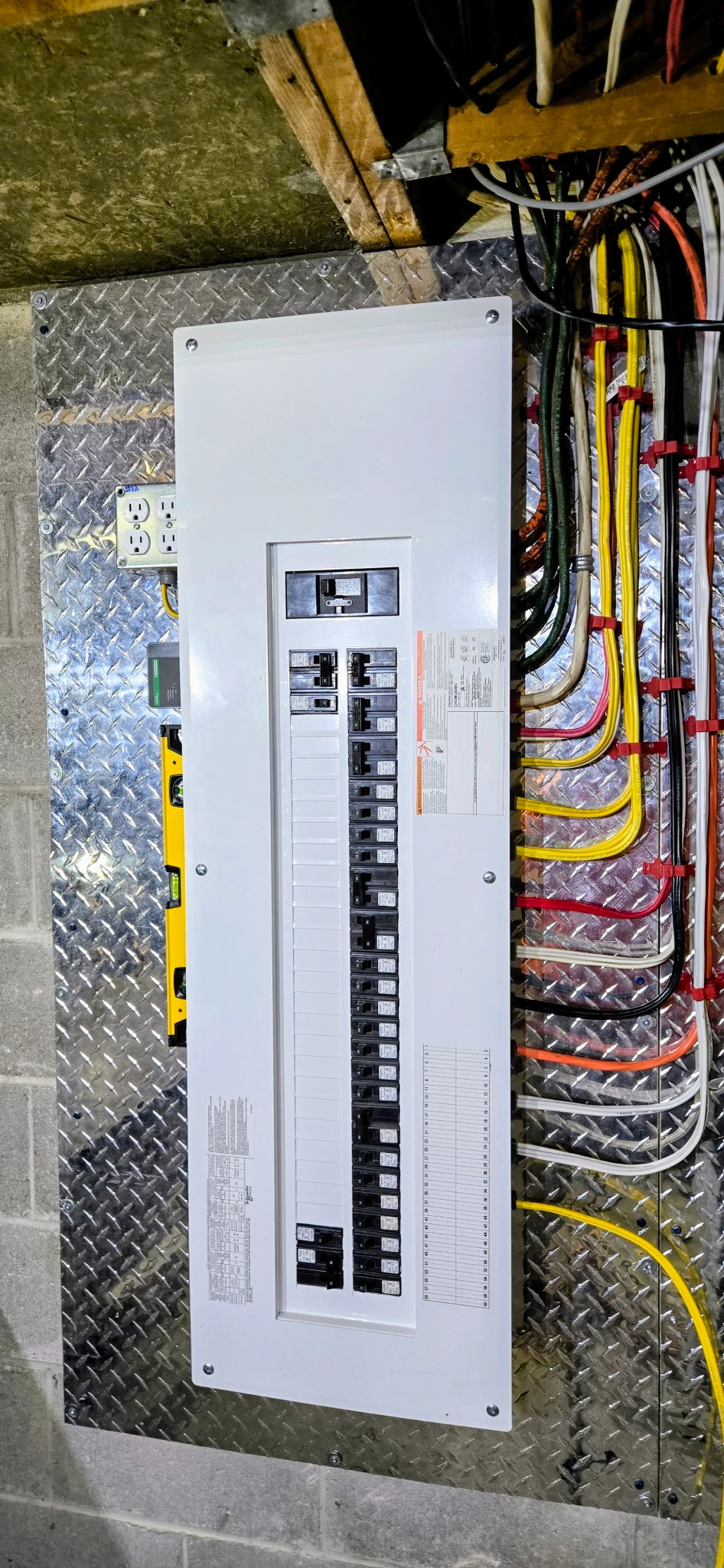 Panel upgrade in a mechanical room with circuit wiring run along a diamond-plate backer